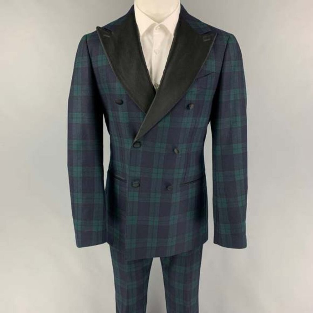 SUITSUPPLY Blackwatch Plaid Cotton Peak Lapel Tuxedo Suit